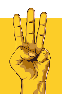 hand signalling number 3 illustration on yellow