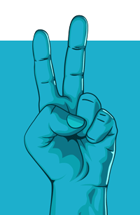 hand signalling number 2 illustration on blue